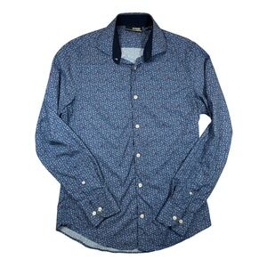 Murano Performance Mens Slim Fit Blue Floral Long Sleeve Button Down Shirt Small